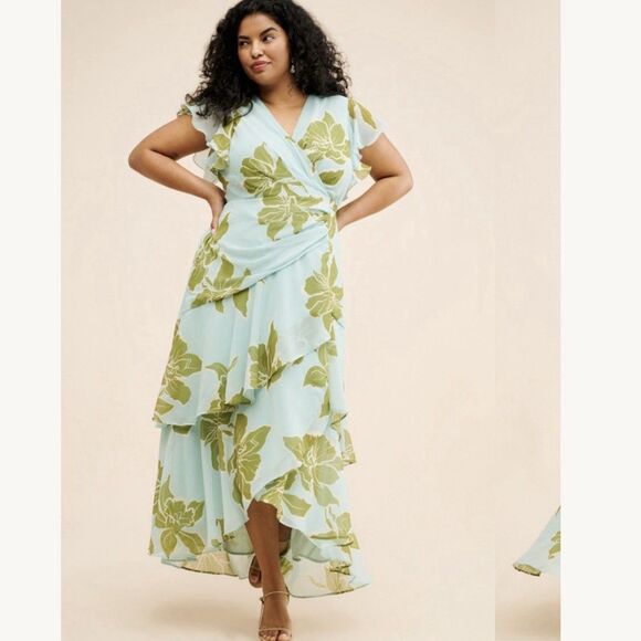 Anthropologie Dresses & Skirts - Anthropologie Light Blue Maxi Dress with Olive Floral Print